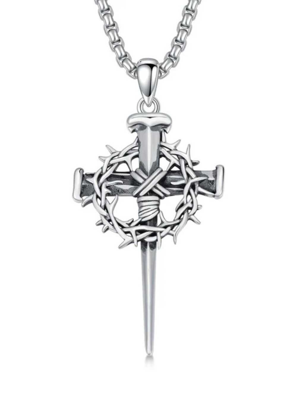 Silver Christian Cross Nail Crown of Thorns Pendant Necklace Jesus Faith Religio